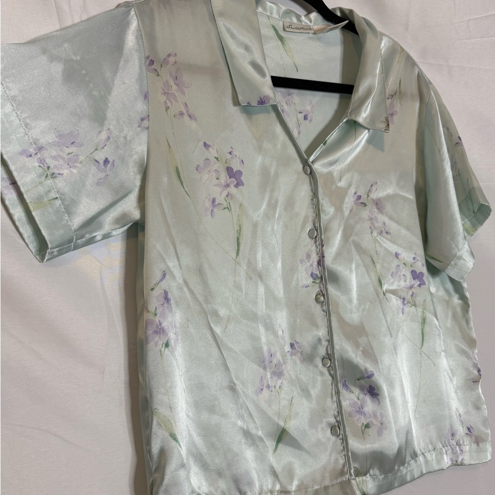 Secret Treasures mint button down Satin Floral Pj Top - Picture 2 of 6